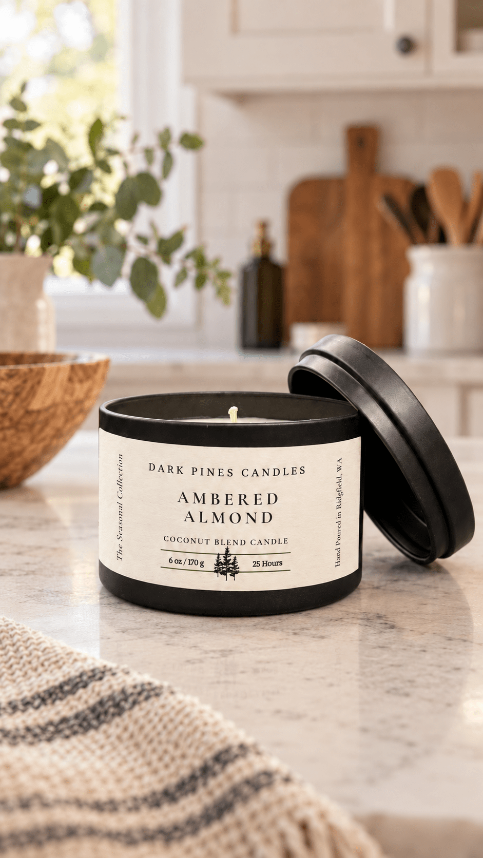 Ambered Almond 6 oz Scented Candle Tin Matte Black - Dark Pines Candles