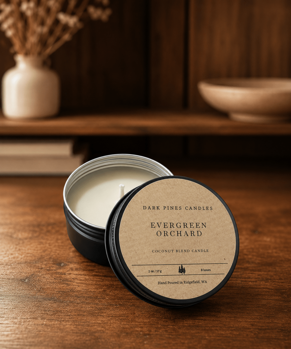Evergreen Orchard 2 oz Scented Candle in Matte Black Tin - Dark Pines Candles