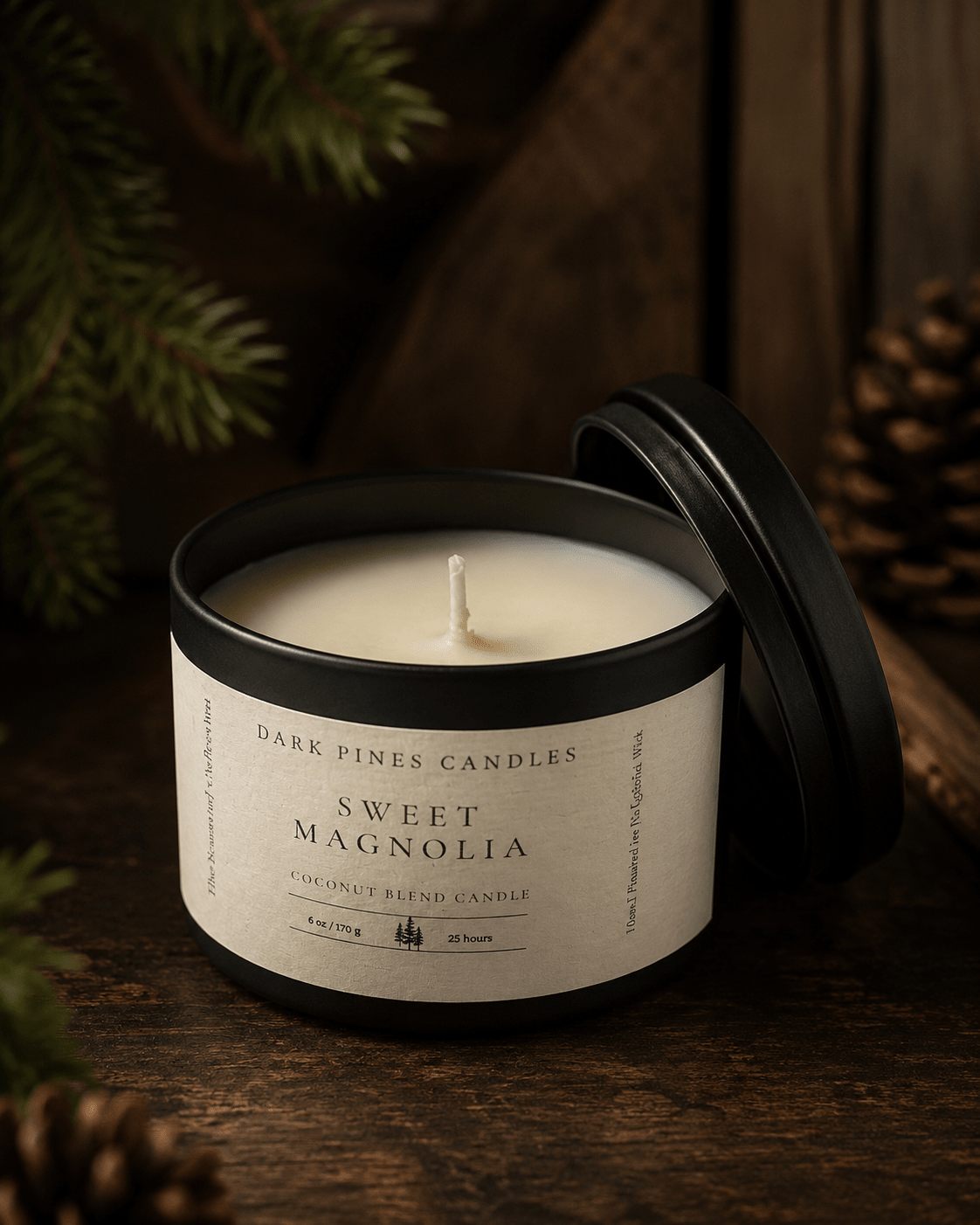 Sweet Magnolia oz Scented Candle Tin Matte Black - Dark Pines Candles