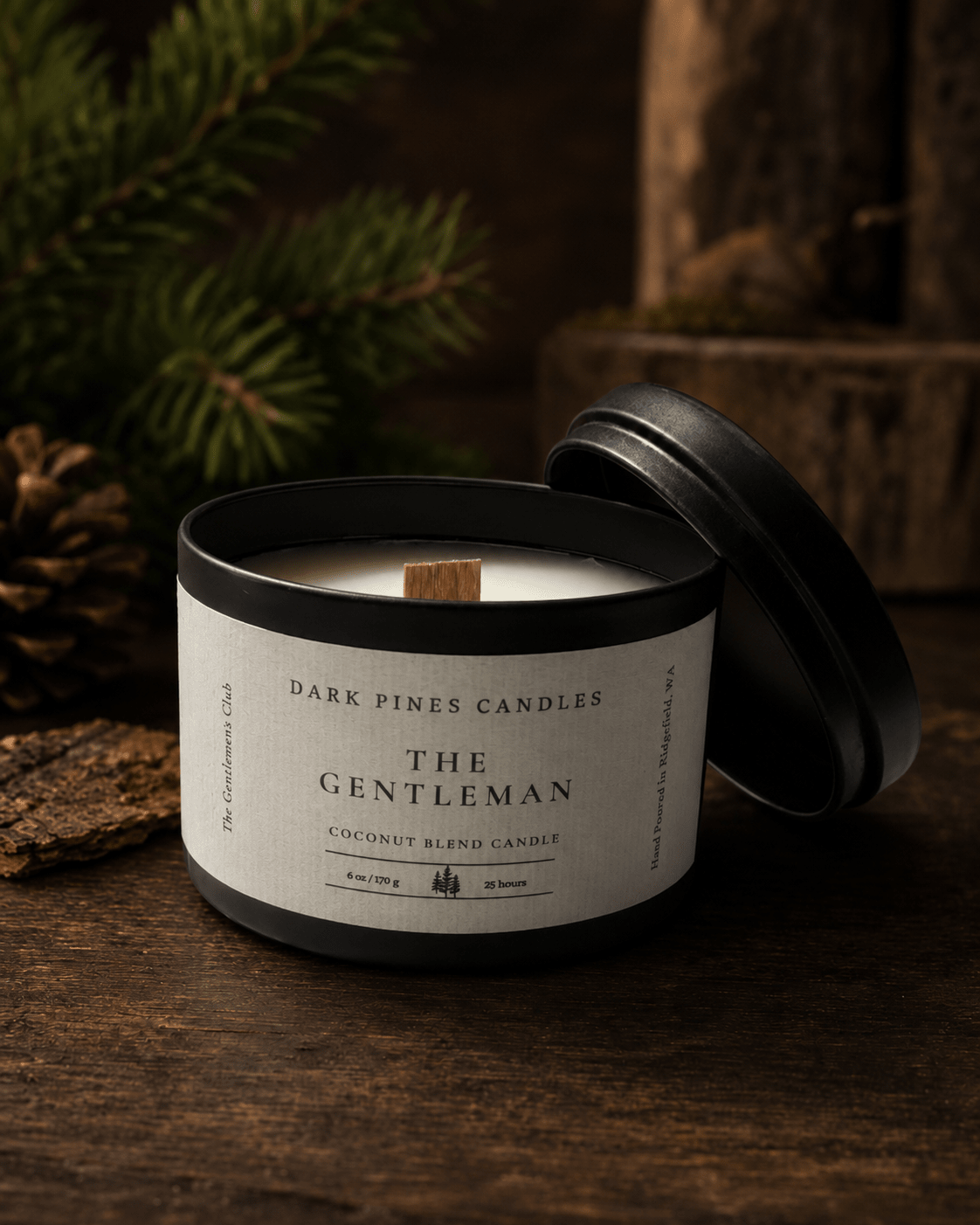 The Gentleman 6 oz Scented Candle Matte Black Tin - Dark Pines Candles
