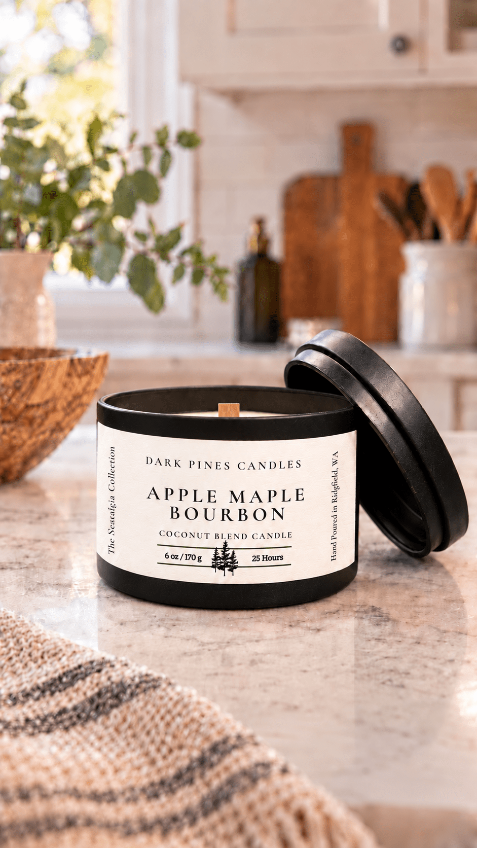 Apple Maple Bourbon 6 oz Scented Candle Tin Matte Black - Dark Pines Candles