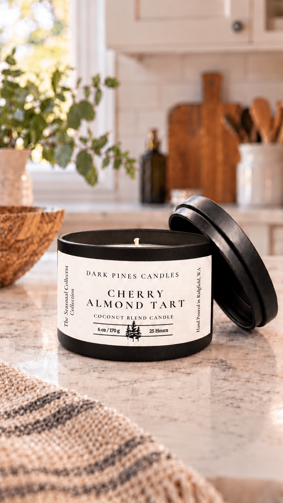 Cherry Almond Tart 6 oz Scented Candle Tin Matte Black - Dark Pines Candles