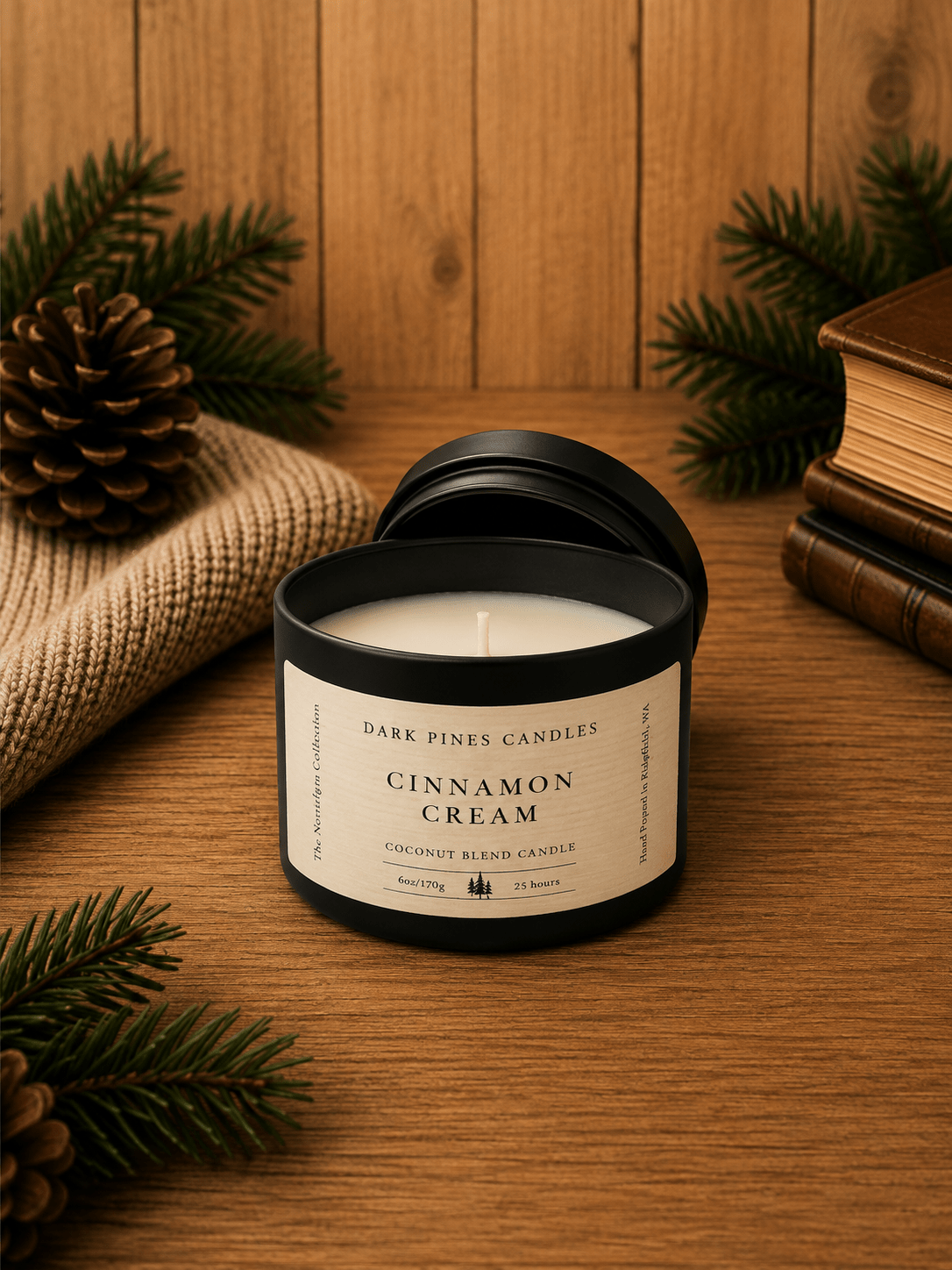 Cinnamon Cream 6 oz Scented Candle Tin Matte Black - Dark Pines Candles