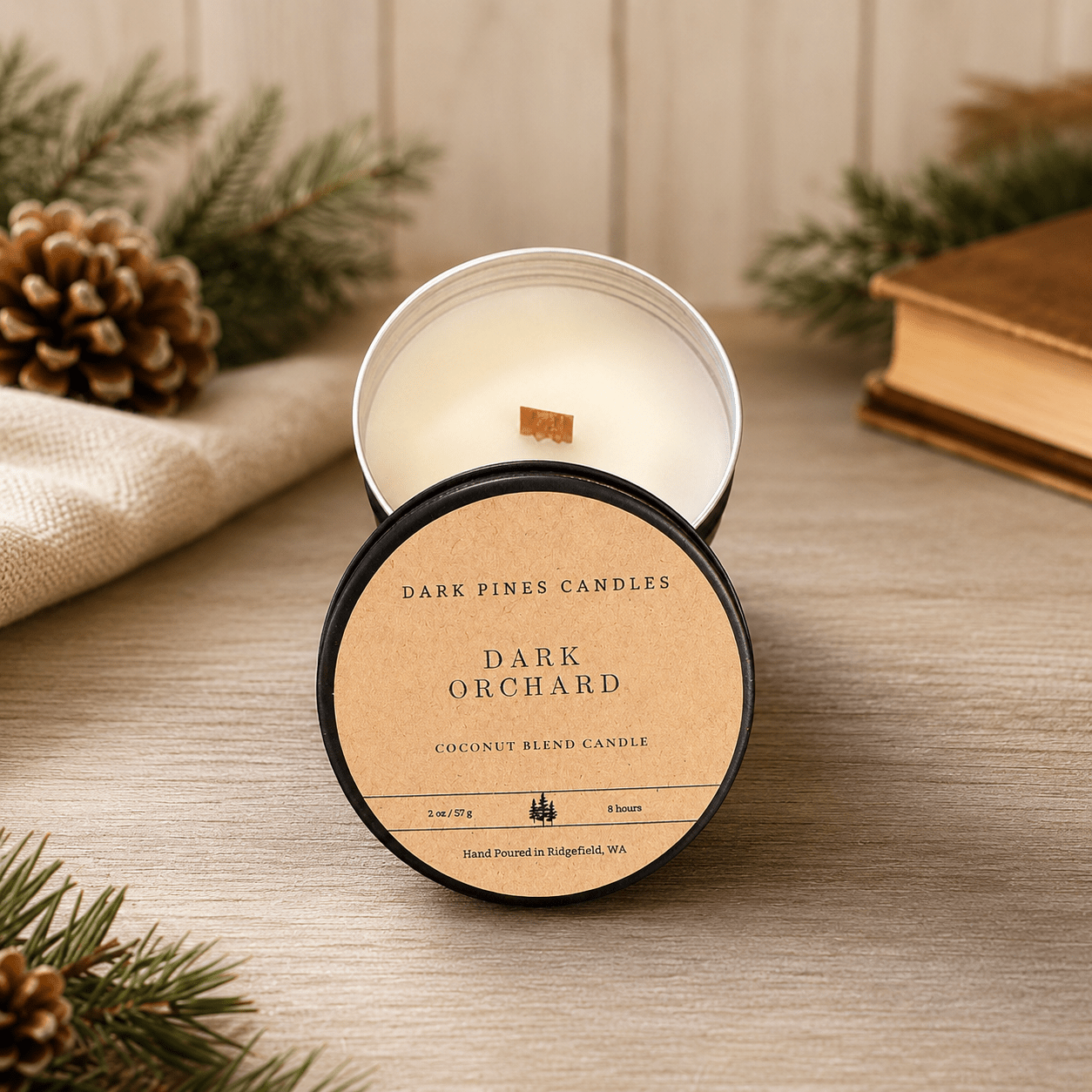 Dark Orchard 2 oz Scented Candle Tin Matte Black - Dark Pines Candles