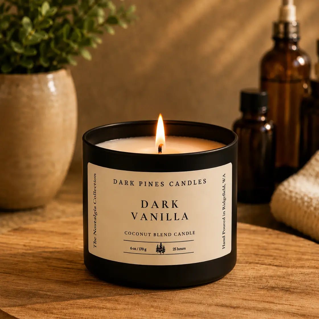 Dark Vanilla 6 oz Scented Candle in Matte Black Tin - Dark Pines Candles