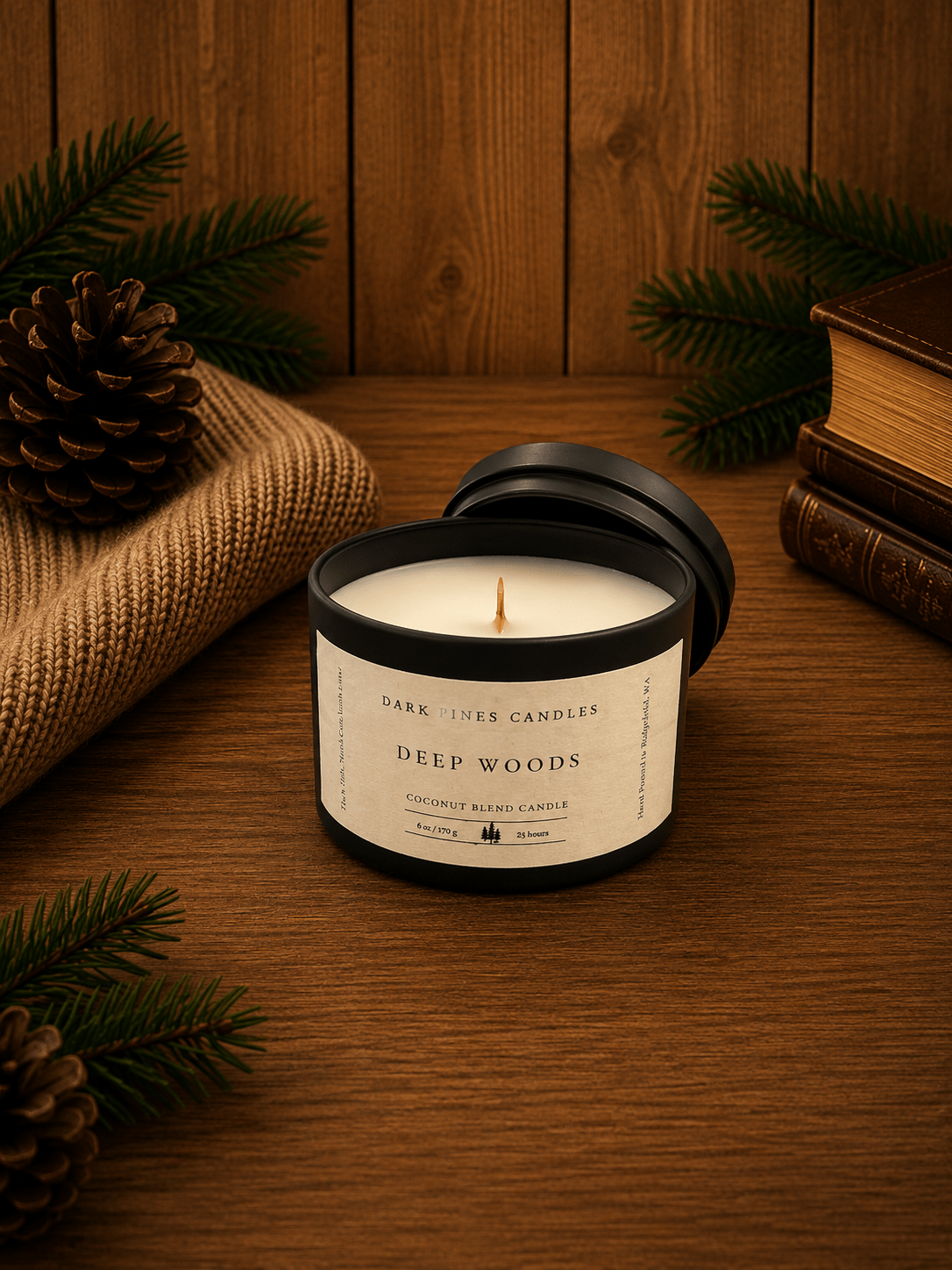 Deep Woods 6 oz Scented Candle Tin Matte Black - Dark Pines Candles