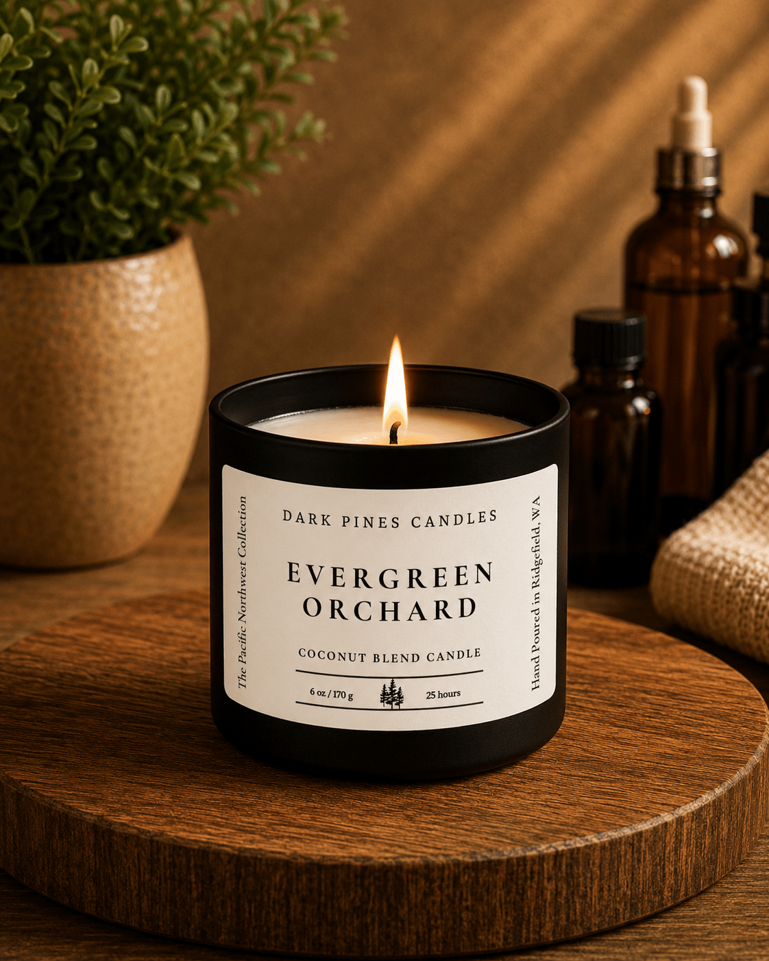 Evergreen Orchard 6 oz Scented Candle in Matte Black Tin - Dark Pines Candles