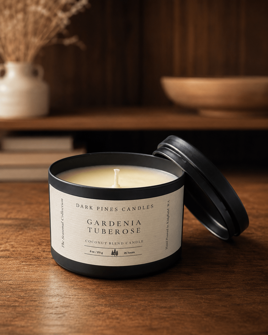 Gardenia Tuberose 6 oz Scented Candle Tin Matte Black - Dark Pines Candles