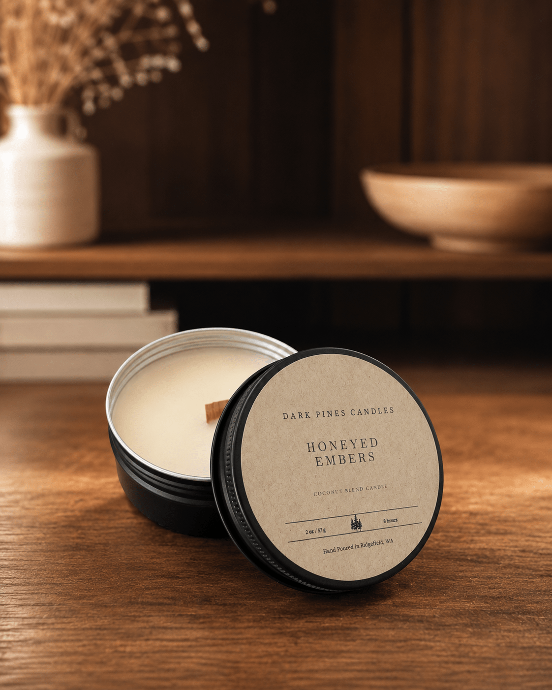 Honeyed Embers 2 oz Scented Candle Tin Matte Black - Dark Pines Candles