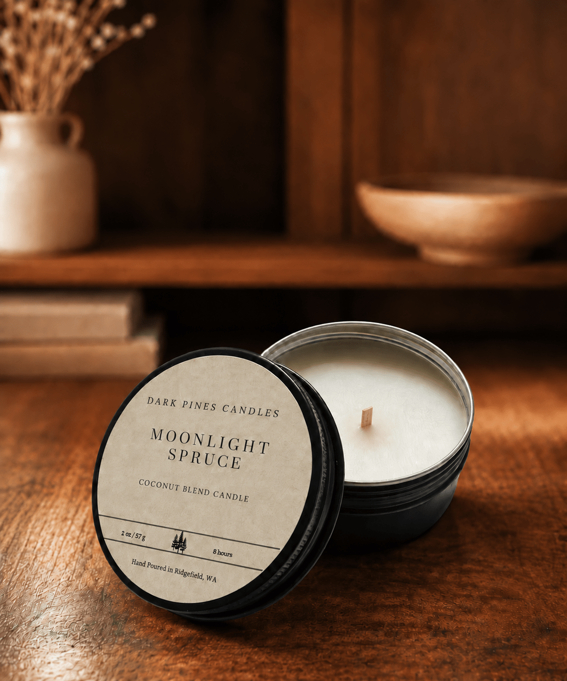 Moonlight Spruce 2 oz Scented Candle in Matte Black Tin - Dark Pines Candles
