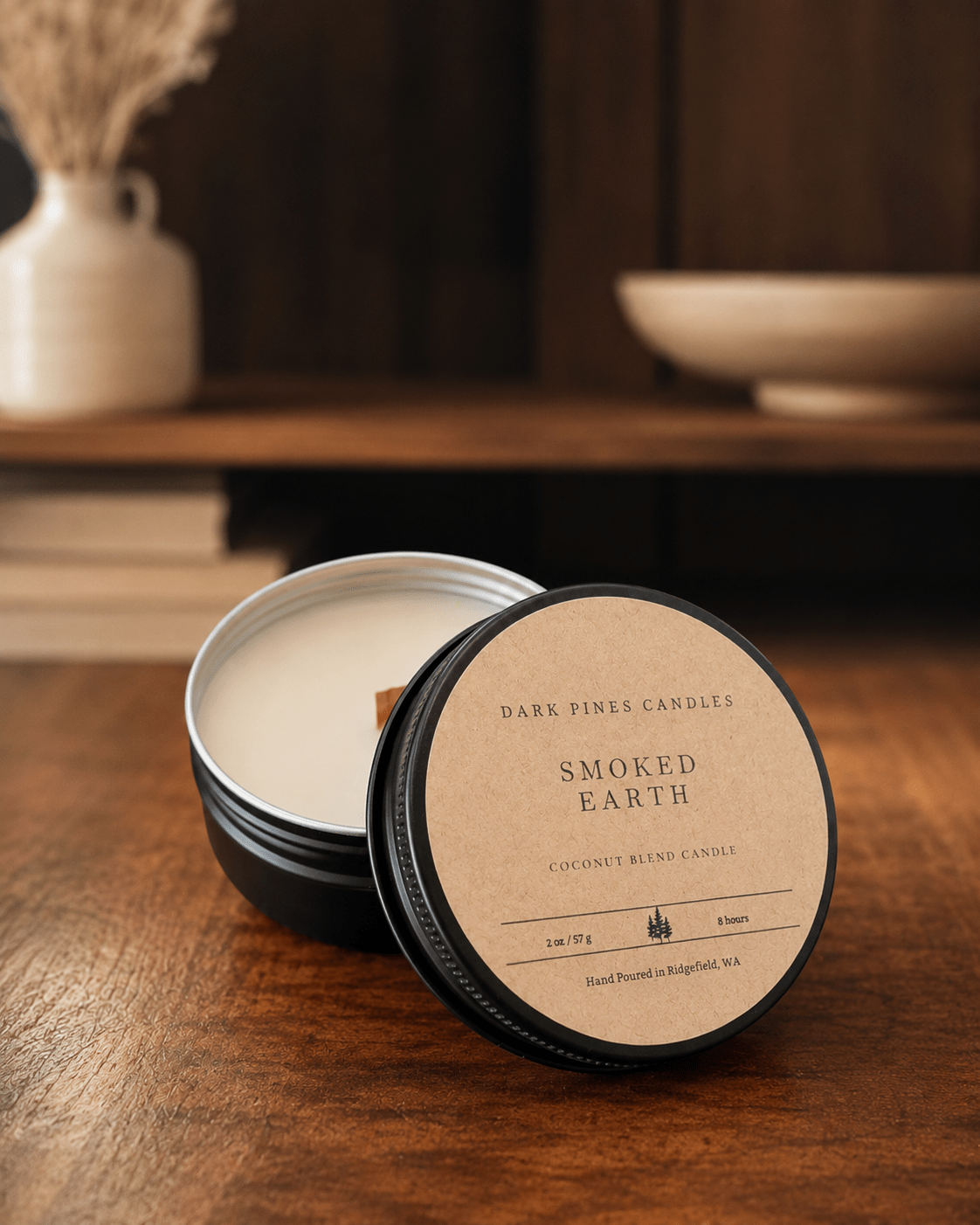 Smoked Earth 2 oz Scented Candle Tin Matte Black - Dark Pines Candles