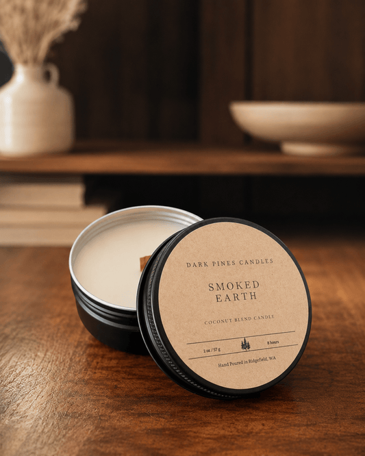 Smoked Earth 2 oz Scented Candle Tin Matte Black - Dark Pines Candles