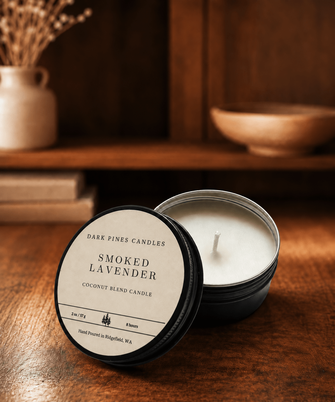 Smoked Lavender 2 oz Scented Candle in Matte Black Tin - Dark Pines Candles