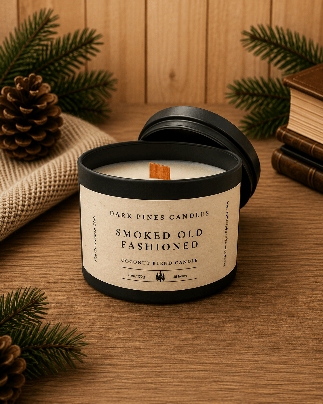 Smoked Old Fashioned 6 oz Scented Candle Tin Matte Black - Dark Pines Candles