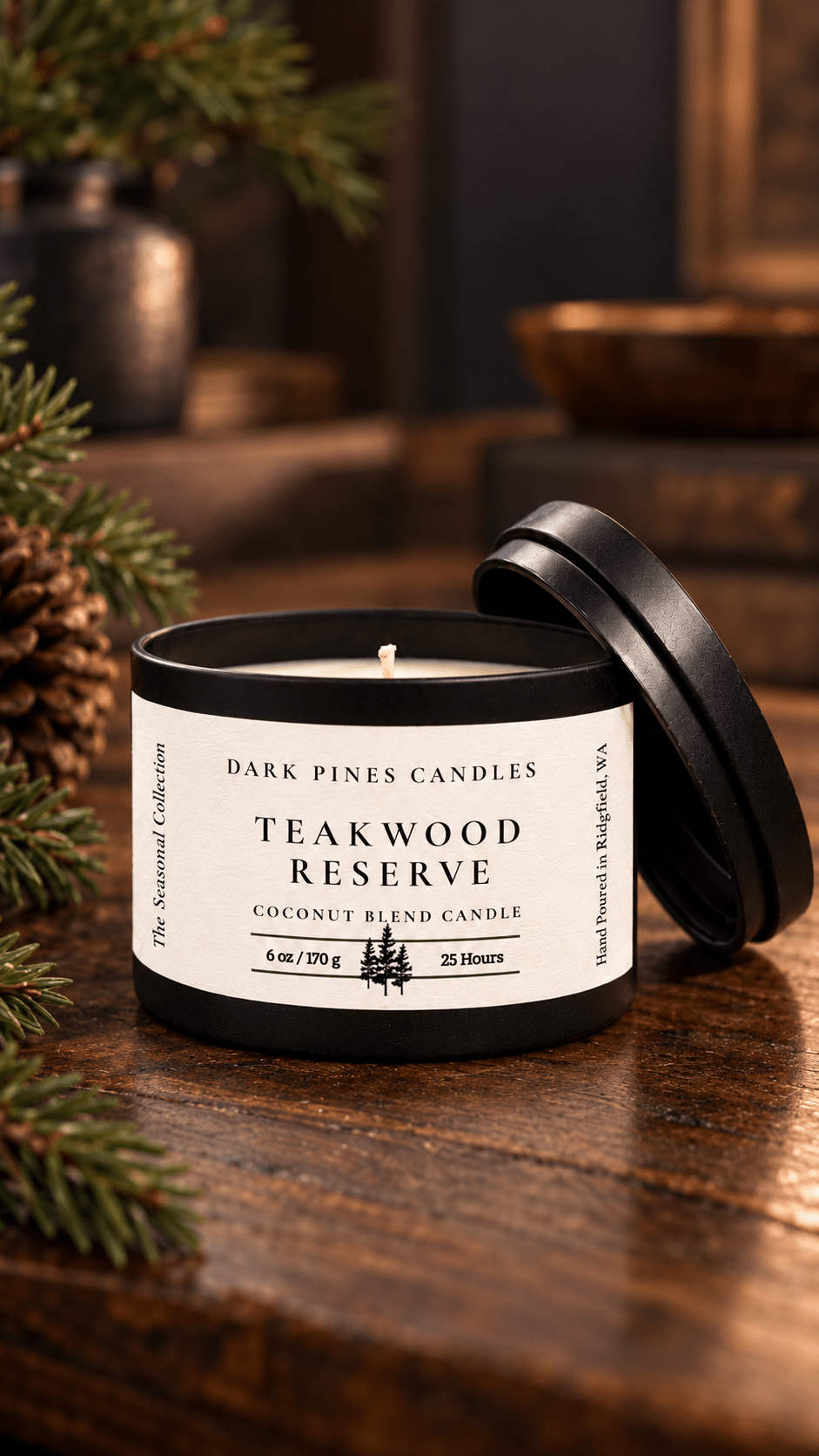 Teakwood Reserve 6 oz Scented Candle Tin Matte Black - Dark Pines Candles