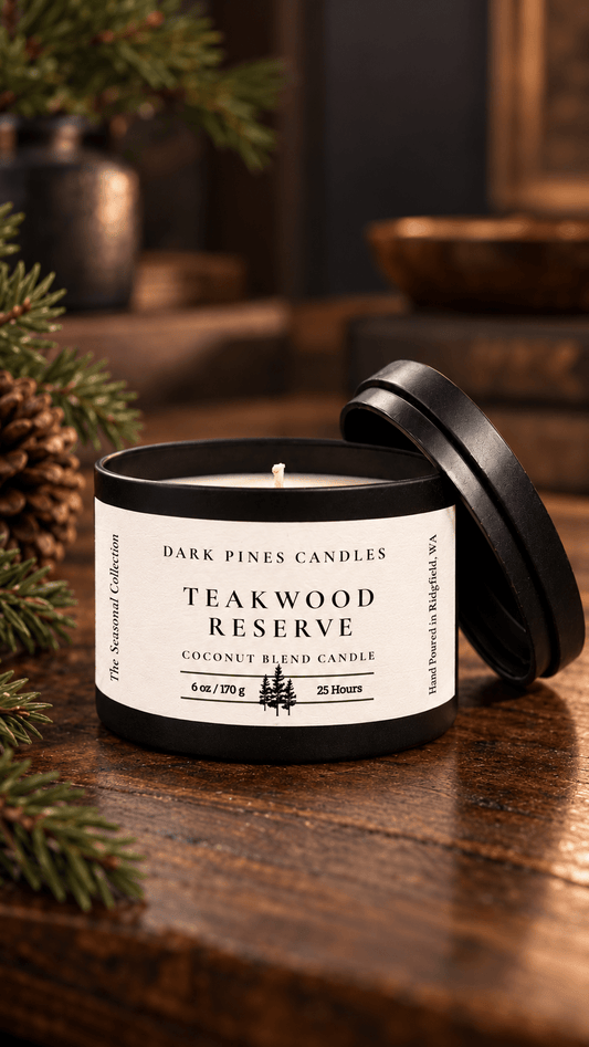 Teakwood Reserve 6 oz Scented Candle Tin Matte Black - Dark Pines Candles