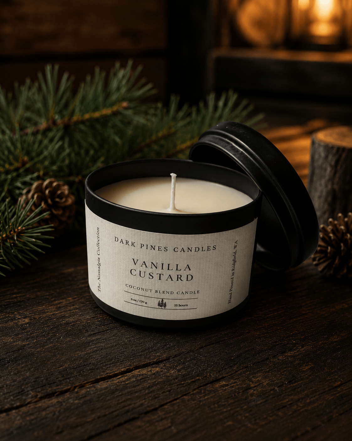 Vanilla Custard 6 oz Scented Candle Tin Matte Black - Dark Pines Candles
