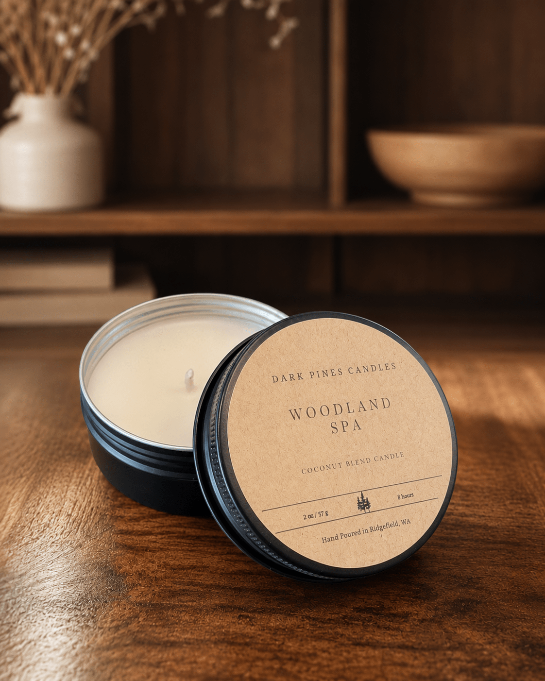 Woodland Spa 2 oz Scented Candle in Matte Black Tin - Dark Pines Candles
