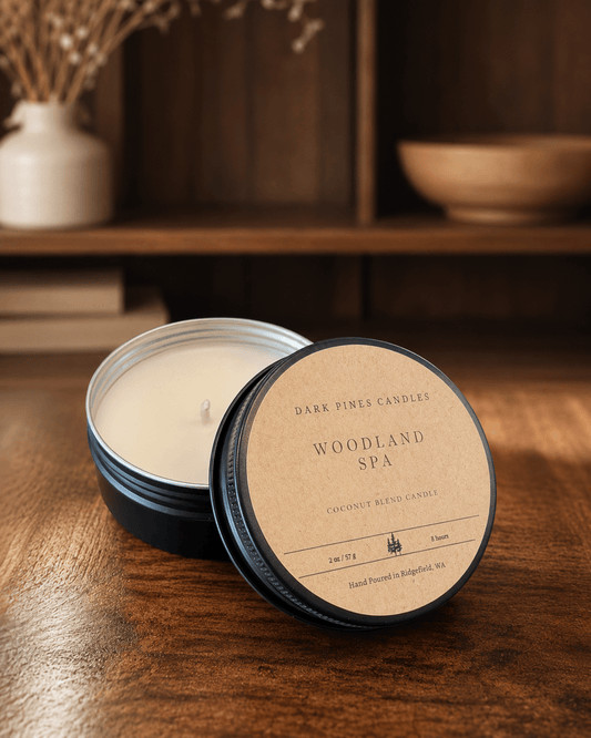 Woodland Spa 2 oz Scented Candle in Matte Black Tin - Dark Pines Candles