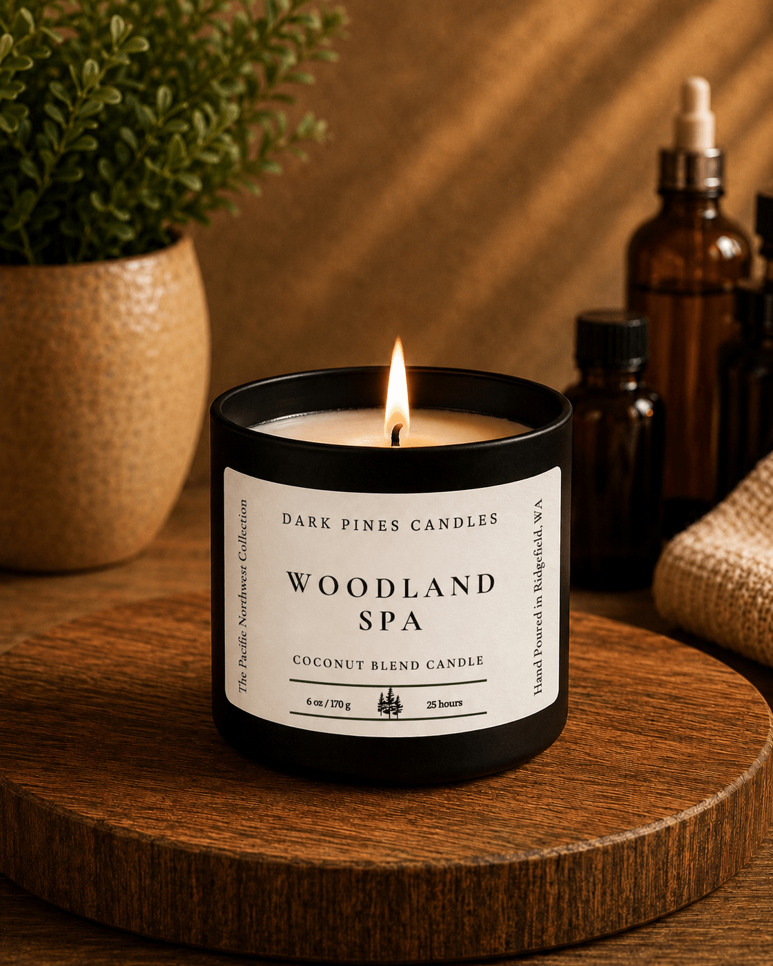 Woodland Spa 6 oz Scented Candle in Matte Black Tin - Dark Pines Candles